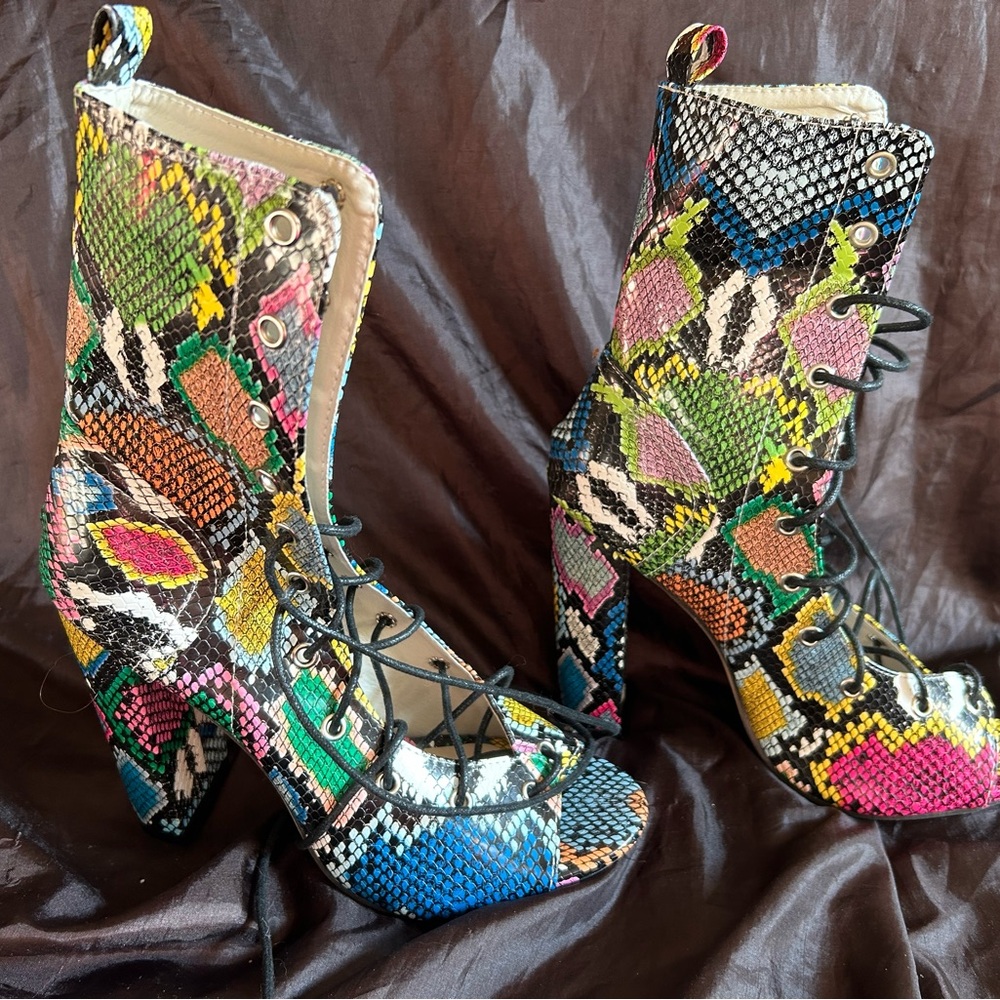 Colorful Snakeskin Lace-Up Ankle Boots